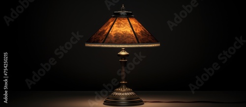 A table lamp is positioned on a table, casting a warm glow over a lounge chair with scatter cushions. The lamp emits light in a cozy living room setting.