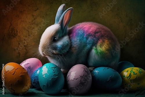 Colorful easter bunny with easter eggs