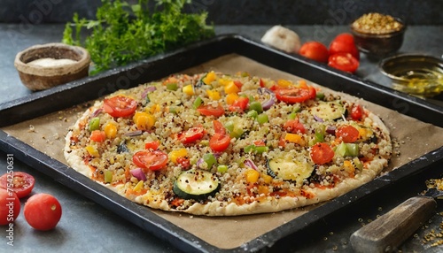 Quinoa pizza with vegetable toppings on a baking tray