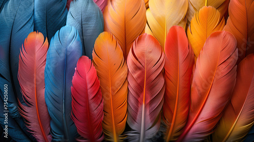 Vibrant feathers lined up in rows, gracefully changing from hue to hue.