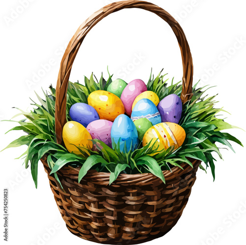 Easter witted basket with easter eggs. Colorful vector in watercolor style.