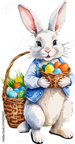 Easter bunny with wicker basket and easter eggs. Cartoon illustration. A vector in watercolor style