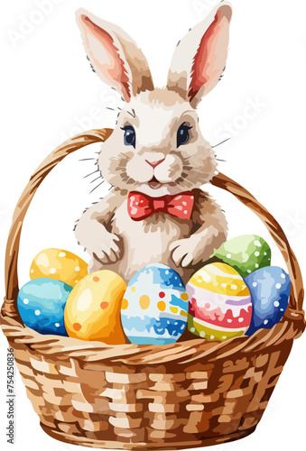 Easter bunny with wicker basket and easter eggs. Cartoon illustration. A vector in watercolor style