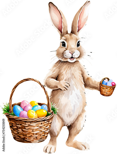 Easter bunny with wicker basket and easter eggs. Cartoon illustration. A vector in watercolor style