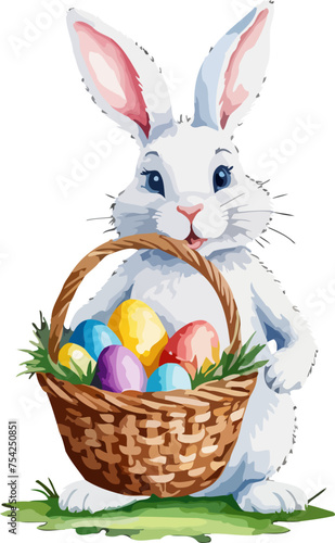 Easter bunny with wicker basket and easter eggs. Cartoon illustration. A vector in watercolor style