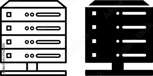 Server Icons. Black and White Vector Icons of a Specialized Computer for Executing Service Software. Concept of Technology and Data Analytics
