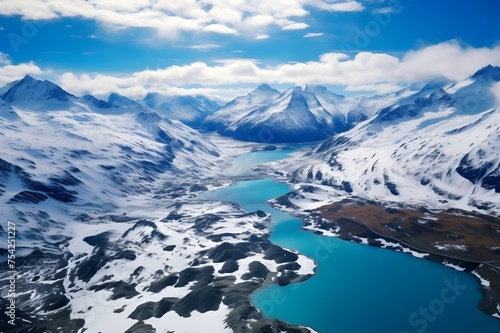 Aerial View of Glacial Lakes: Breathtaking aerial shots of glacial lakes surrounded by snow-capped peaks, showcasing the beauty of untouched wilderness.