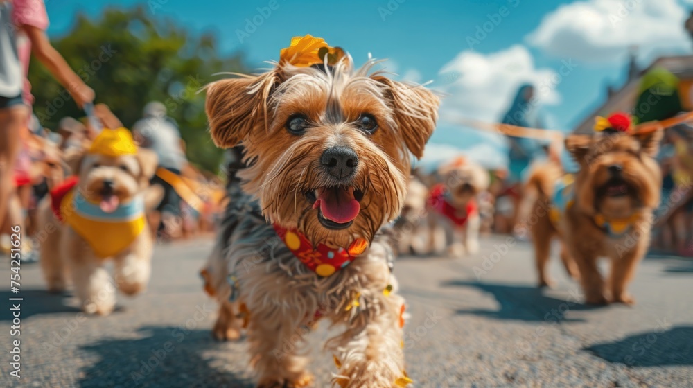 A whimsical outdoor pet parade with dogs wearing creative costumes, owners proudly walking alongside them, and spectators lining the streets, all under a clear, sunny sky A whimsical outdoor pet parade with dogs wearing creative costumes, owners proudly walking alongside them, and spectators lining the streets, all under a clear, sunny sky