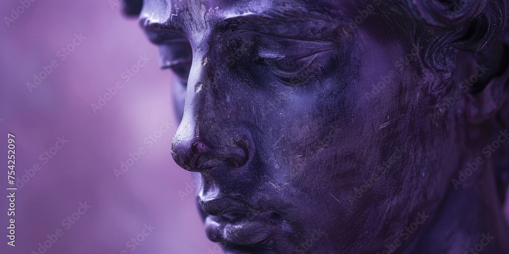 The spectacular purple face sculpture of a young guy exudes beauty and elegance.
