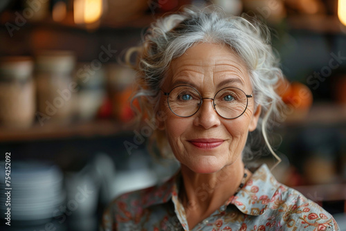 Happy elderly woman with a cheerful smile, radiating positivity and grace.