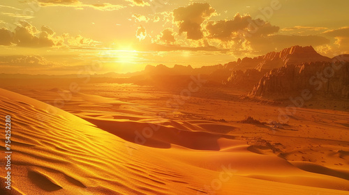 Desert landscape with sand dunes  sultry sun. Extreme adventure concept. Generative AI