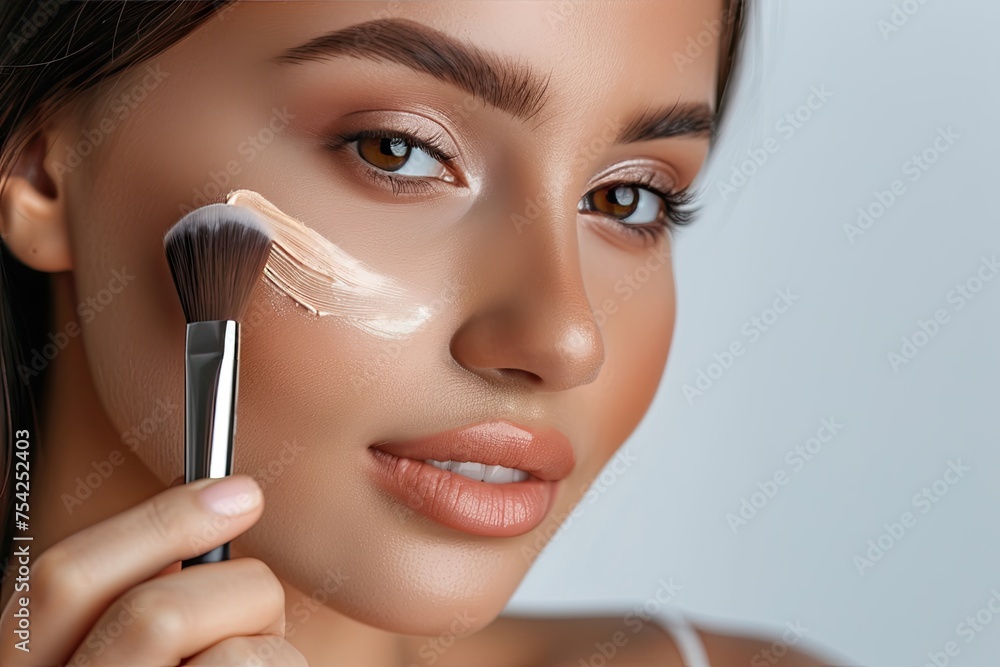 Close-up of woman using brush on liquid foundation Close-up of woman using brush on liquid foundation