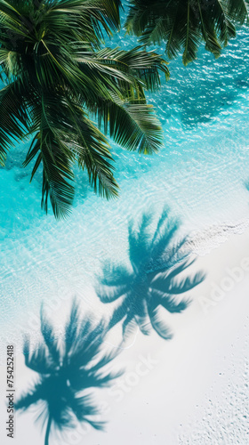 Aesthetic aerial view of white sand coast, light blue ocean and shadows from palm leaves. Luxury holidays. Generative AI
