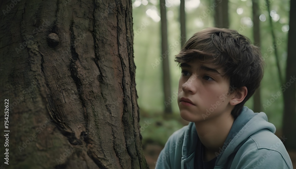 A teenager leaning against a tree trunk, lost in thought in a tranquil forest A teenager leaning against a tree trunk, lost in thought in a tranquil forest