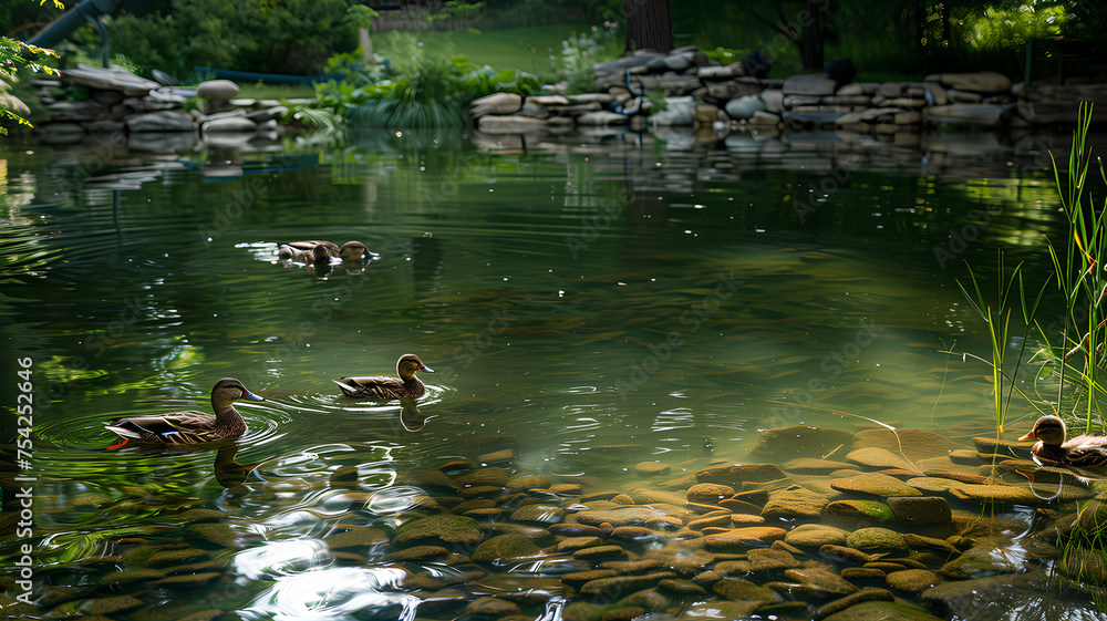 Family of Ducks Swimming in Pond. A serene scene of two adult ducks and their ducklings gliding across a peaceful, shaded pond dotted with sunlight.
Family of Ducks Swimming in Pond. A serene scene of two adult ducks and their ducklings gliding across a peaceful, shaded pond dotted with sunlight.