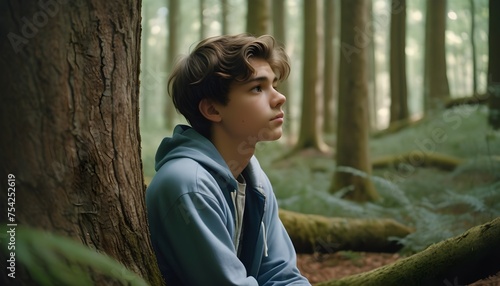 A teenager leaning against a tree trunk, lost in thought in a tranquil forest
