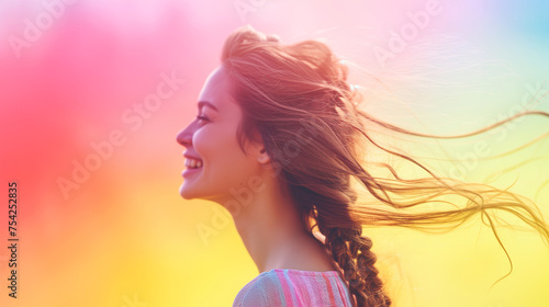 Side view of young smiling woman with braids, toothy smiles with pride rainbow flag at studio isolated background. Trans or bisexual concept. Copy space.