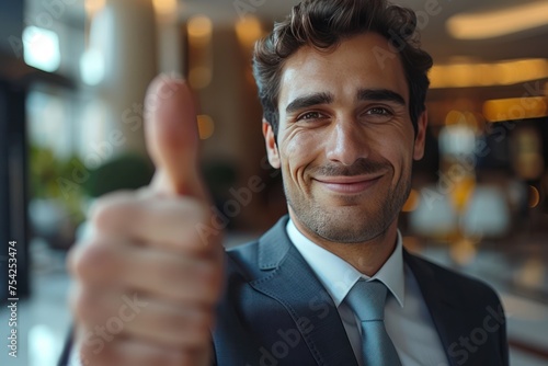 Close Up of happy Professional Businessman in Suit Thumbs up Forward