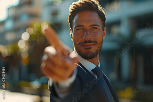 Close Up of Professional Businessman in Suit Pointing Forward