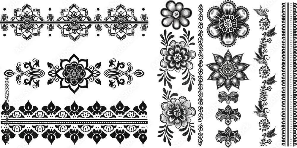 Indian Henna Border decoration elements patterns in black and white colors