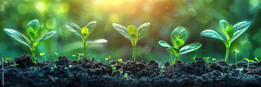© Nice Seven - A group of young plants sprouting from the soil with sunlight, symbolizing growth and new beginnings, banner