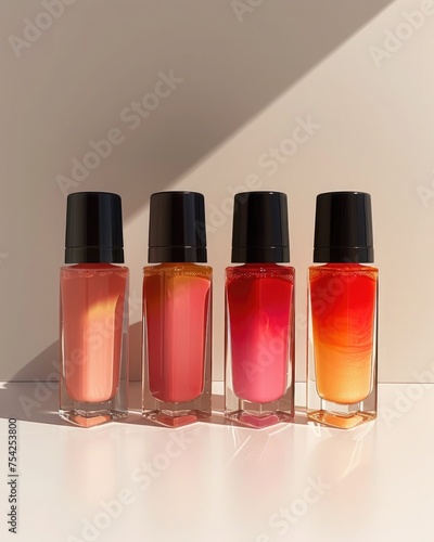 Nail polish bottles in a row on a clean white surface, featuring a coral color gradient from dark to light, embodying the vibrant energy and warmth of a sunset © Татьяна Креминская