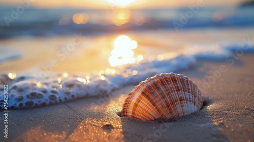 Serene beach sunset with a detailed seashell on the shore evoking a sense of calm