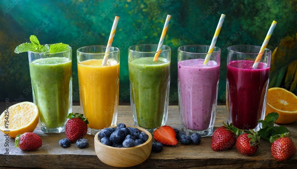 Healthy smoothies in different colors and glasses Healthy smoothies in different colors and glasses