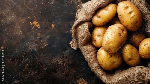 Raw potatoes in burlap sack on dark table