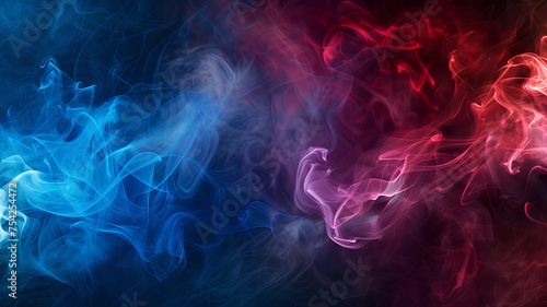 Abstract Blue and Red Smoke on a Black Background. Abstract image featuring intertwining swirls of blue and red smoke, creating a dynamic and mysterious visual on a black background. 