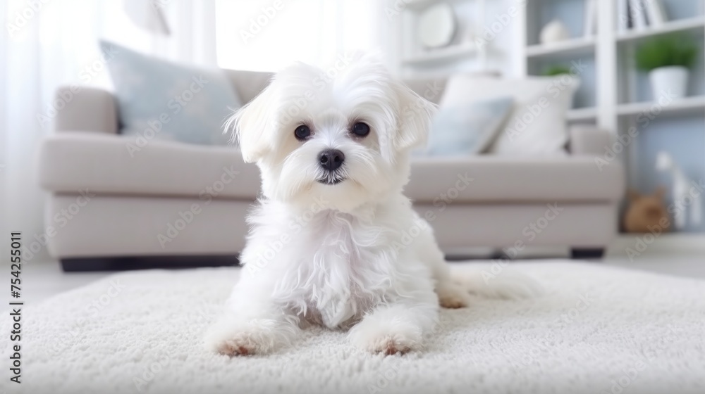 Fluffy maltese Puppy in Modern Living Room Fluffy maltese Puppy in Modern Living Room