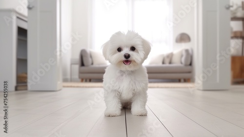 Fluffy maltese Puppy in Modern Living Room