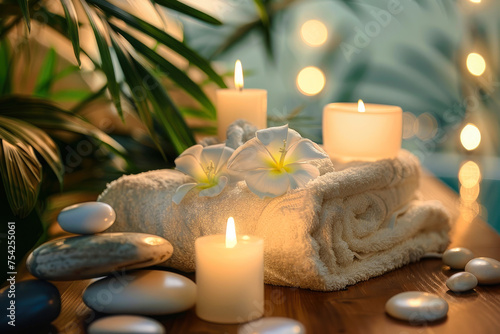 SPA concept. massage stones with towels and candles on a natural background. accessories for spa treatments. relaxation and self-care.