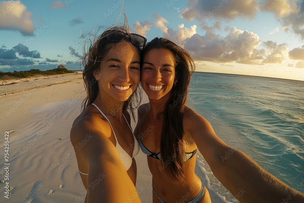 Two female backpackers taking a selfie with a smartphone on a tropical beach whilst on vacation Two female backpackers taking a selfie with a smartphone on a tropical beach whilst on vacation