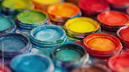 Close-up of vibrant watercolor paint pots reflecting an artistic and creative atmosphere