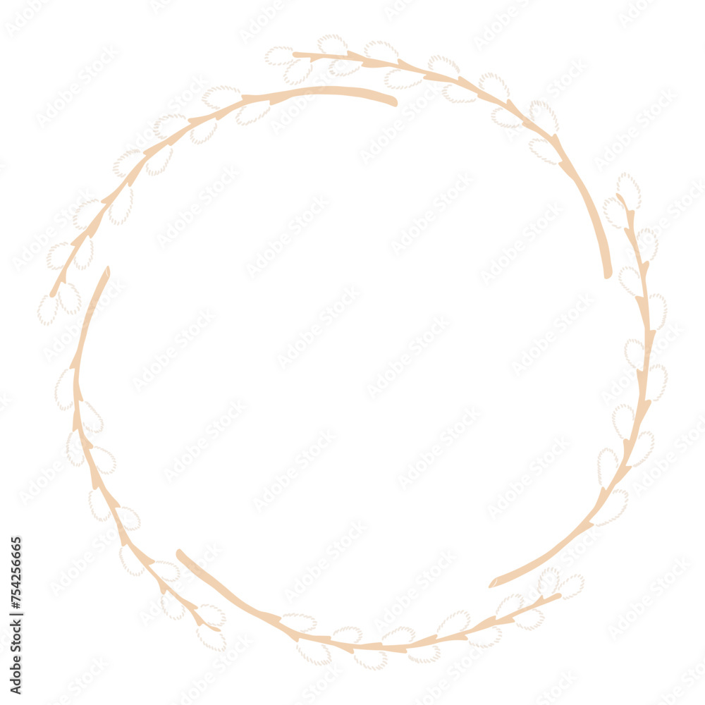 Willow tree branches with catkins circular frame with copy space on transparent. Flat style design, isolated vector. Easter holiday clip art, seasonal card, banner, poster, element Willow tree branches with catkins circular frame with copy space on transparent. Flat style design, isolated vector. Easter holiday clip art, seasonal card, banner, poster, element
