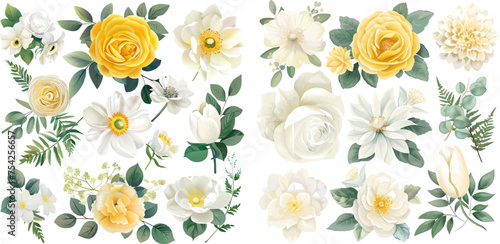 Yellow rose, ivory dahlia, white peony, tulip, orchid, spring garden flowers photo