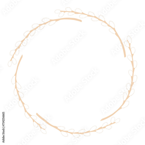 Willow tree branches with catkins circular frame with copy space on transparent. Flat style design, isolated vector. Easter holiday clip art, seasonal card, banner, poster, element