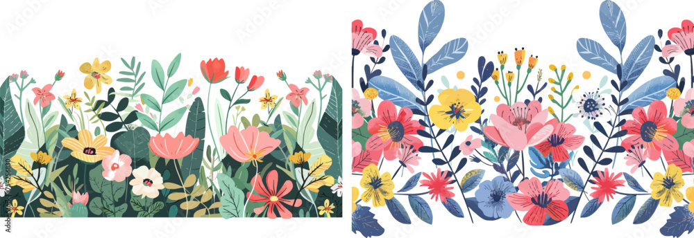 Horizontal seamless banner decorated with blooming flowers and leaves