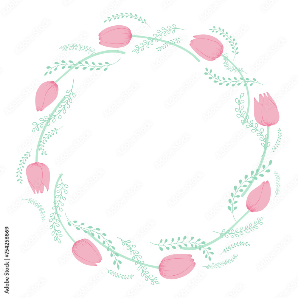 Tulip flowers, spring grasses circular frame with copy space on transparent. Flat style design, isolated vector. Easter holiday clip art, seasonal card, banner, poster, element Tulip flowers, spring grasses circular frame with copy space on transparent. Flat style design, isolated vector. Easter holiday clip art, seasonal card, banner, poster, element