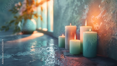 Serene ambiance with a row of tranquil blue candles illuminating a reflective surface