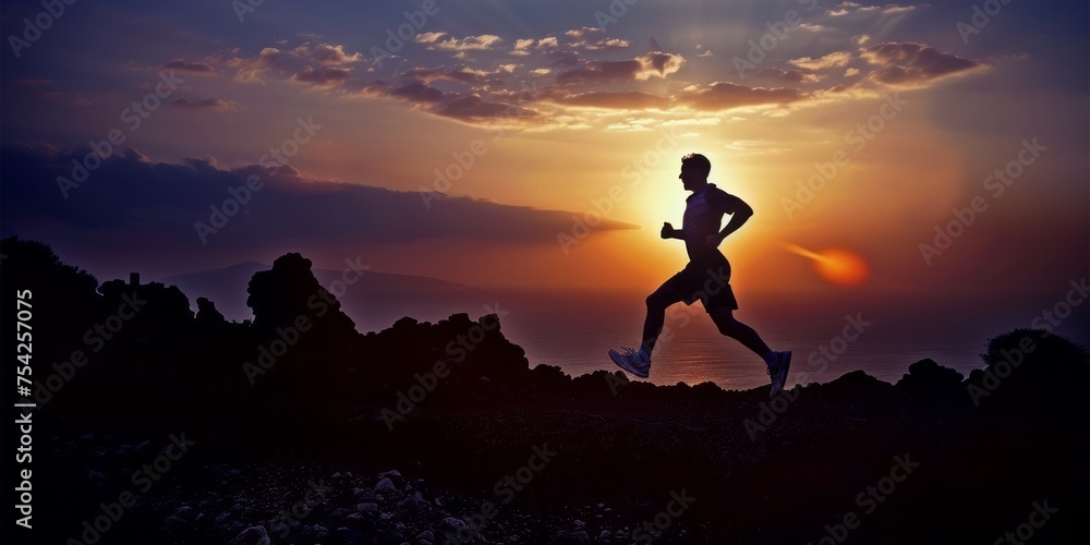 A man runs in nature outside the city during sunset.