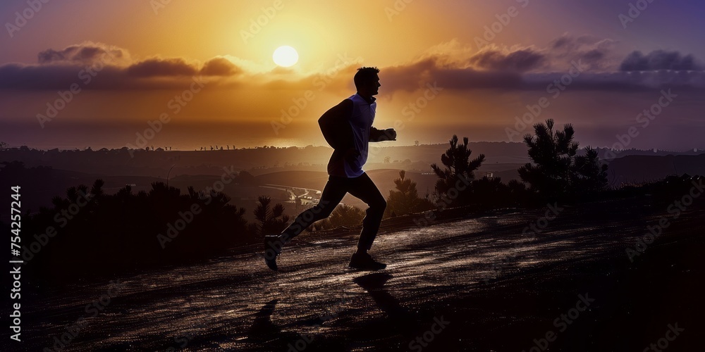 A man runs in nature outside the city during sunset.