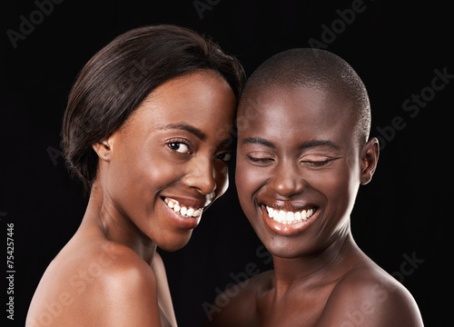 Studio, skin care and beauty of African women, cosmetics and satisfaction on black background. Sisterhood, friends and together for dermatology or facial treatment, happy and proud of wellness glow