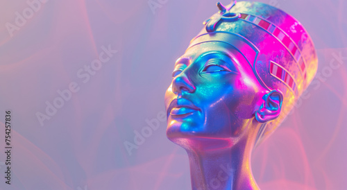 banner with the image of Nefertiti is made of textured metal surrounded by steam, smoke, in the style of holography, with an empty space for design, for the fashion, beauty and jewelry industries photo