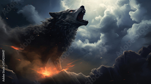 Digital illustrationt painting a wolf howling in th
