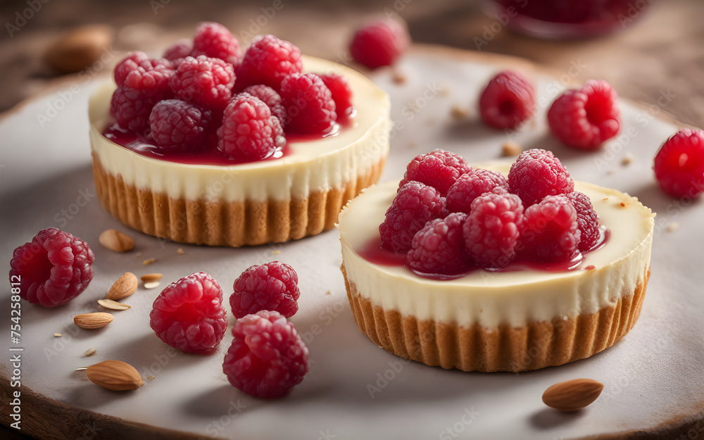Round mini cheesecakes with raspberries and almond flakes