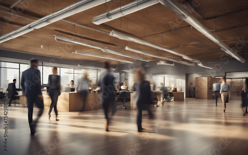 Group of employees walking at office open space at coworking center, in motion blur