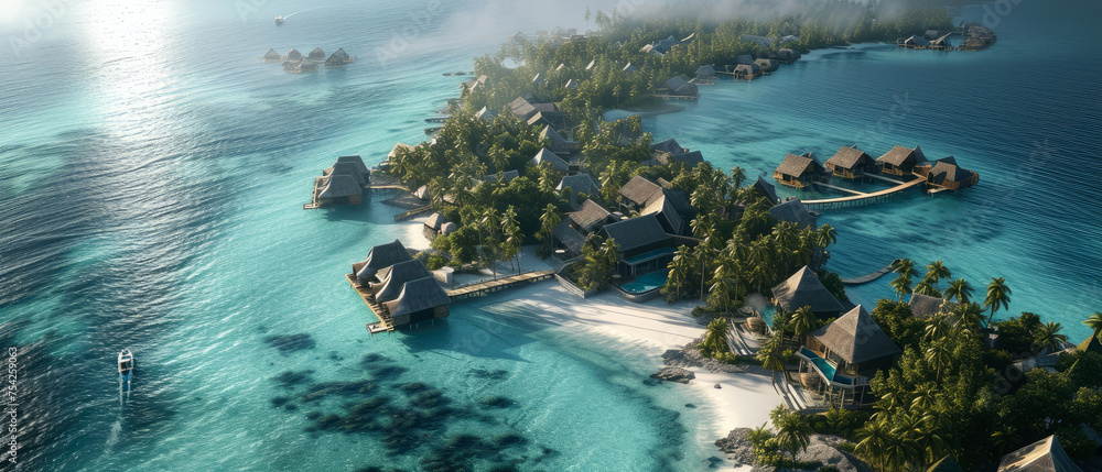 An aerial view on Tropical paradise.Luxury panorama view on Maldives resort on seascape background. Bungalow, villas on beautiful exotic beach on the ocean. Honeymoon. Generative ai An aerial view on Tropical paradise.Luxury panorama view on Maldives resort on seascape background. Bungalow, villas on beautiful exotic beach on the ocean. Honeymoon. Generative ai