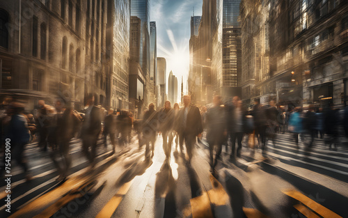 Crowd walking with motion blur on a sunny day in a city with skyscrapers